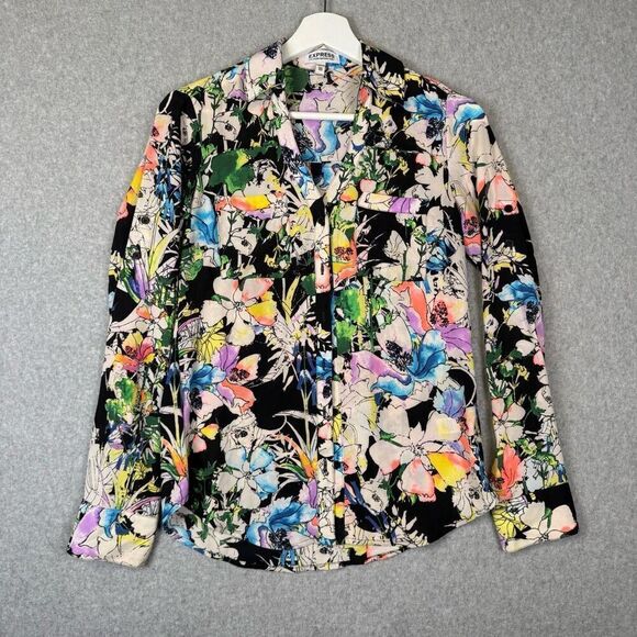 Express Portofino Womens XXS Button Front Shirt Black Multicolor Floral Outlined - Picture 1 of 6